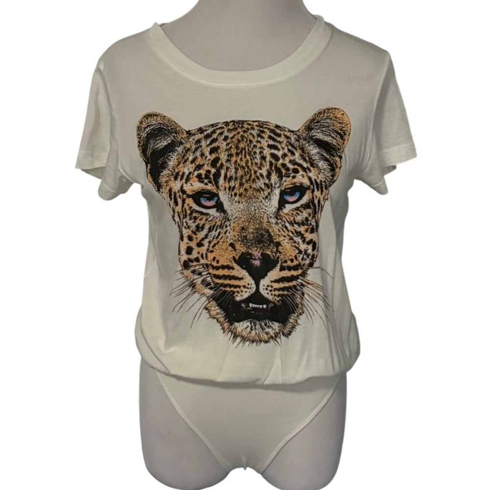 Daydreamer White Short Sleeve Bodysuit with Leopard Face Graphic